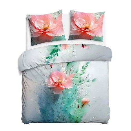 Pościel satyna bawełniana 220x200 Roselle szara i zielona w różowe kwiaty, Satynlove Premium