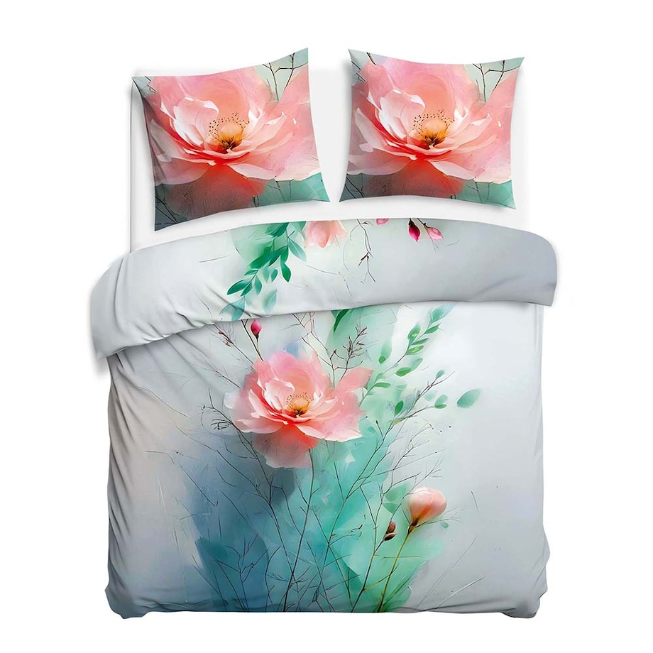 Pościel satyna bawełniana 220x200 Roselle szara i zielona w różowe kwiaty, Satynlove Premium