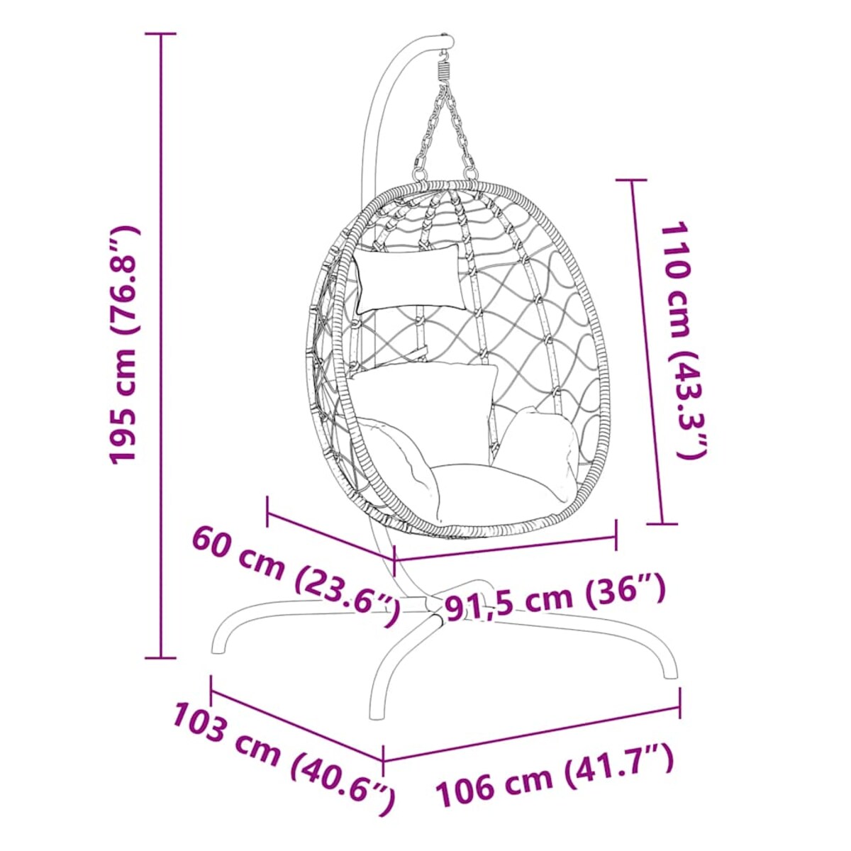 vidaXL Wiszący fotel w kształcie jajka z poduszką, taupe, polirattan i stal