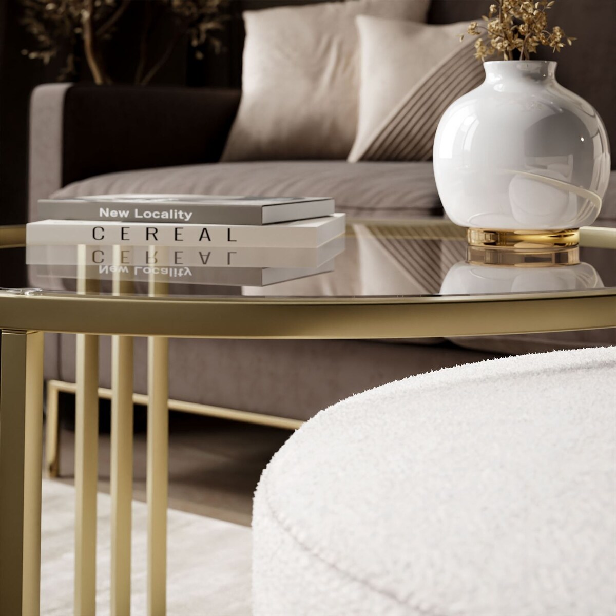 Stolik kawowy z pufą LORI GLASS złoto szczotkowane, przezroczyste szkło / Perfect Harmony 01