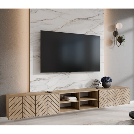 Szafka RTV IGO 300 cm, otwarta pod telewizor do salonu, jodełka -artisan