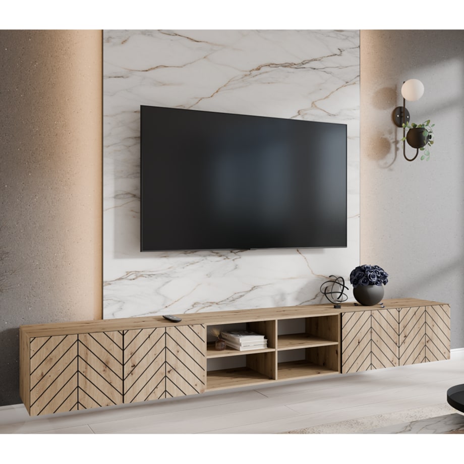 Szafka RTV IGO 300 cm, otwarta pod telewizor do salonu, jodełka -artisan