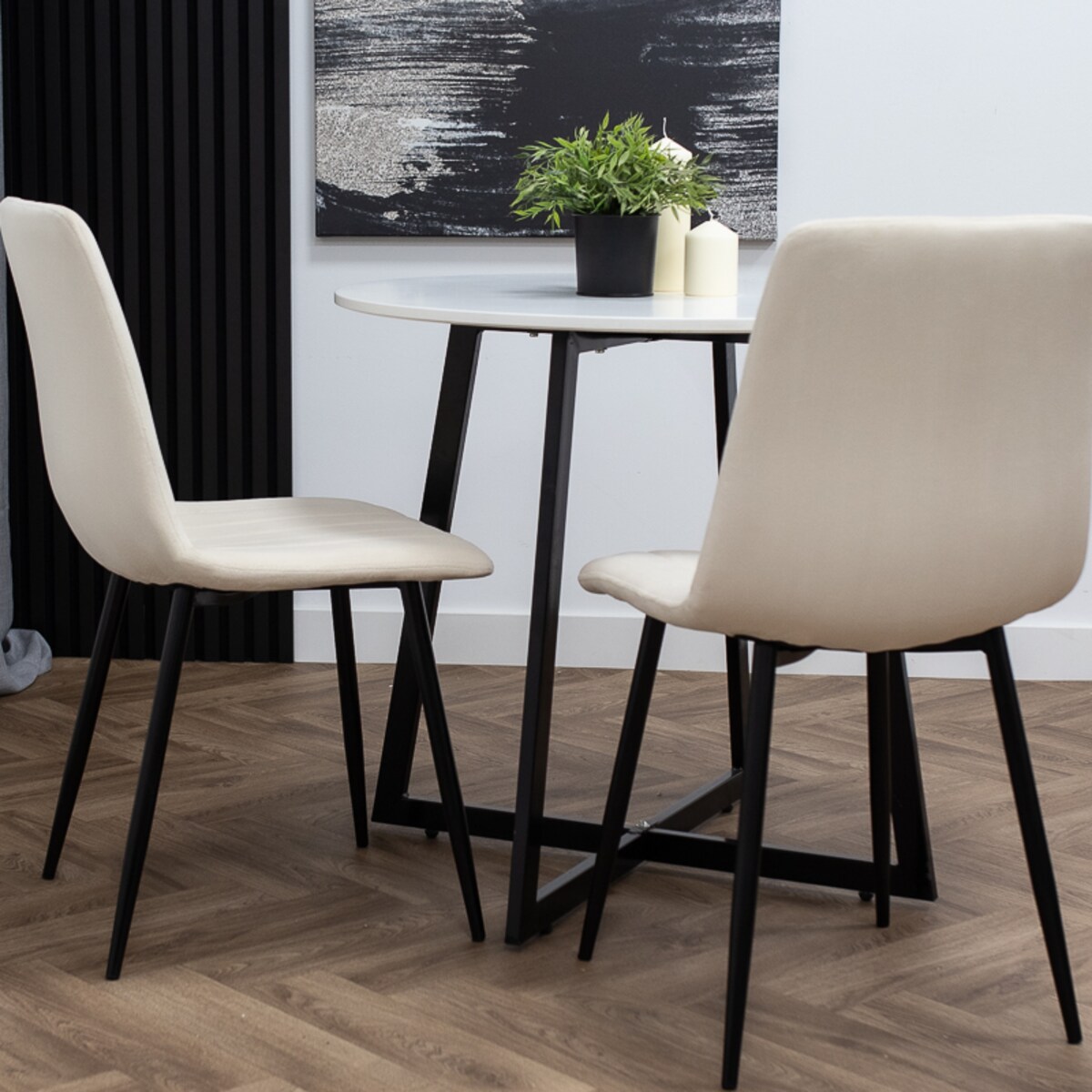 Krzesło welurowe tapicerowane beżowe pikowane czarne nogi