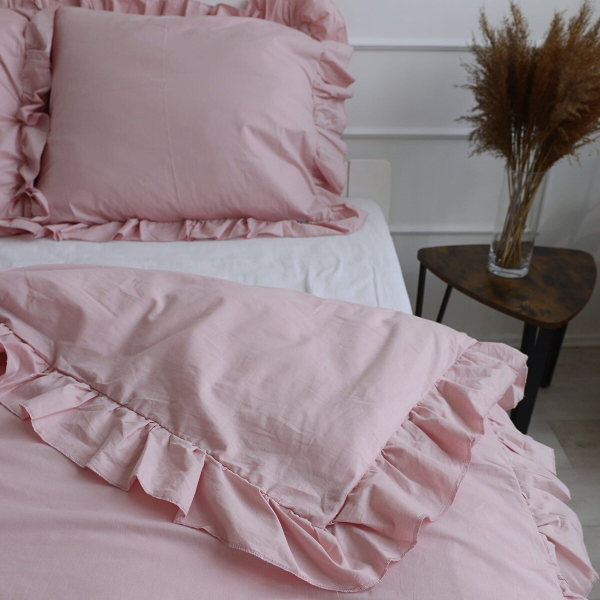 Poszewka Pościel Na Kołdrę Z Falbanką Brudny Róż 160X200 Cm