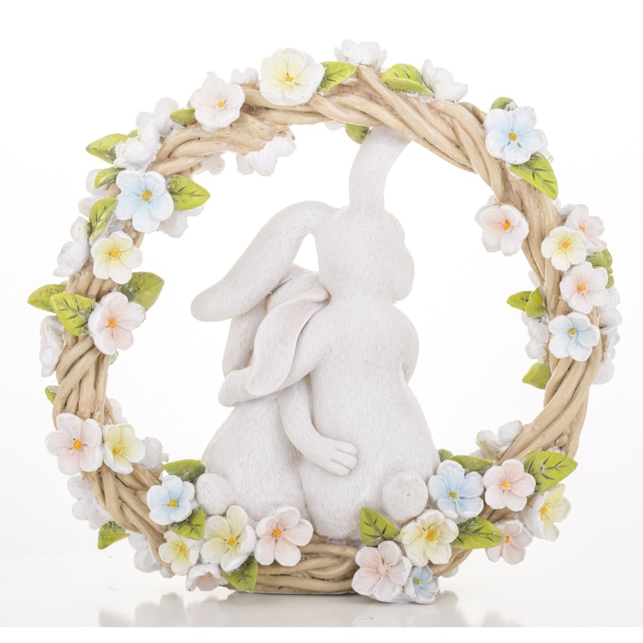 Dekoracja - figurka 2 białe przytulone ZAJĄCZKI w wiosennym wianku