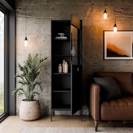 Witryna MIDNIGHT z przeszklonym frontem na stelażu, czarna