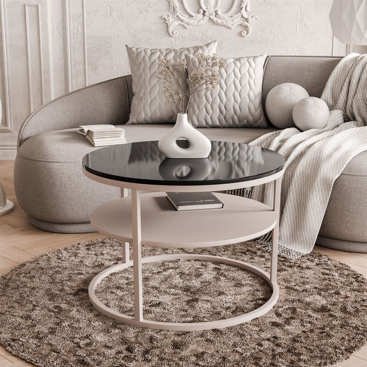 Stolik Kawowy CIRI KASZMIR wysoki połysk z półką, blat czarny połysk