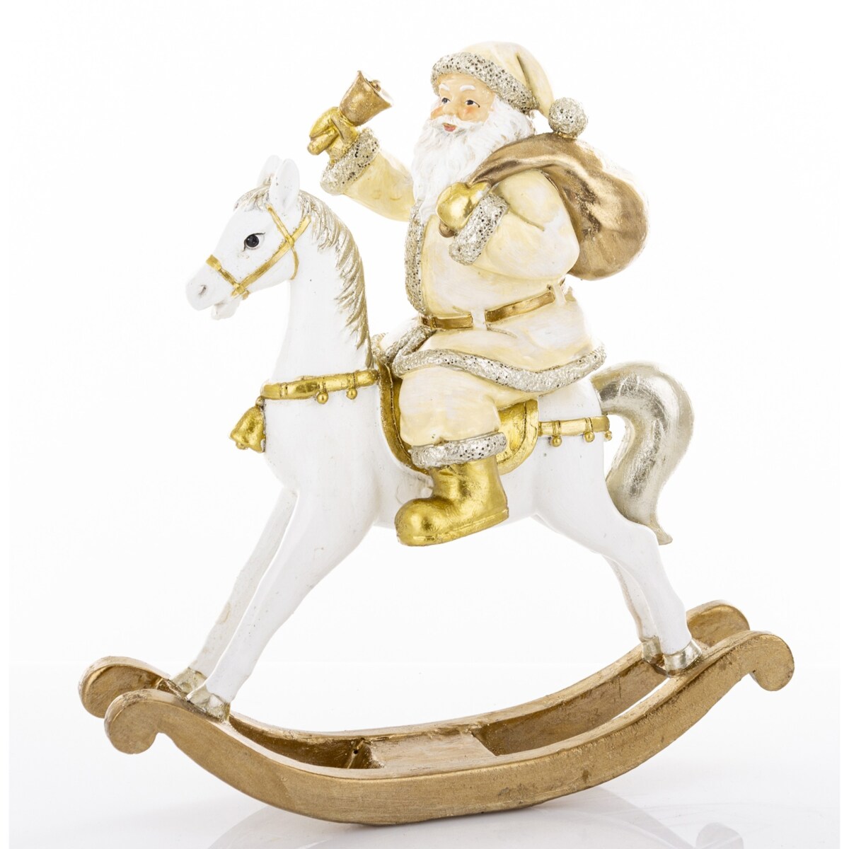 Święty Mikołaj na białym koniu na biegunach 22x20x8 cm z dzwonkiem i workiem