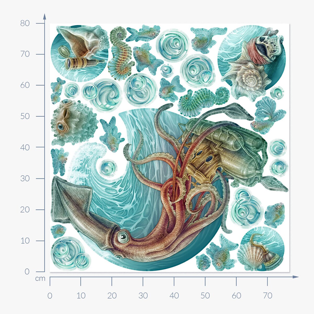 Zestaw naklejek na ścianę, Podmorski świat, 80cm