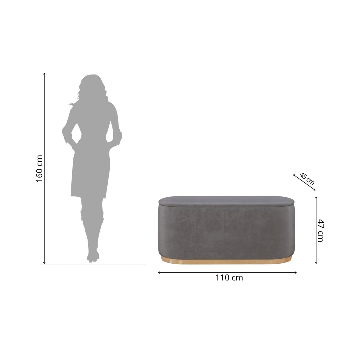 Tapicerowany owalny puf ze schowkiem Dancan SCARLETT na złotej podstawie / szer. 110 cm / jasnoszary