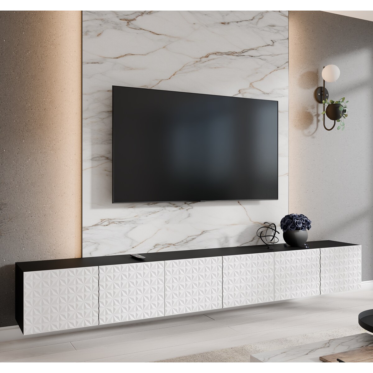 Szafka RTV ALI 300 cm zamknięta z ozdobnymi frontami -biały+czarny