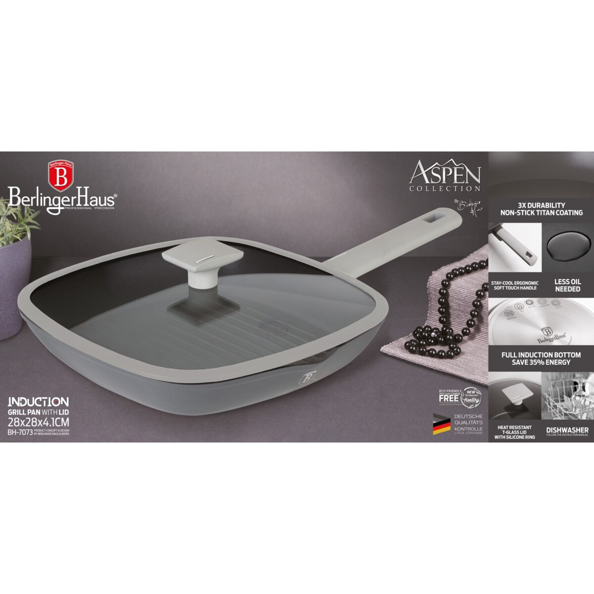 Patelnia grillowa z pokrywką z powłoką tytanową kwadratowa 28x28cm BERLINGER HAUS Aspen