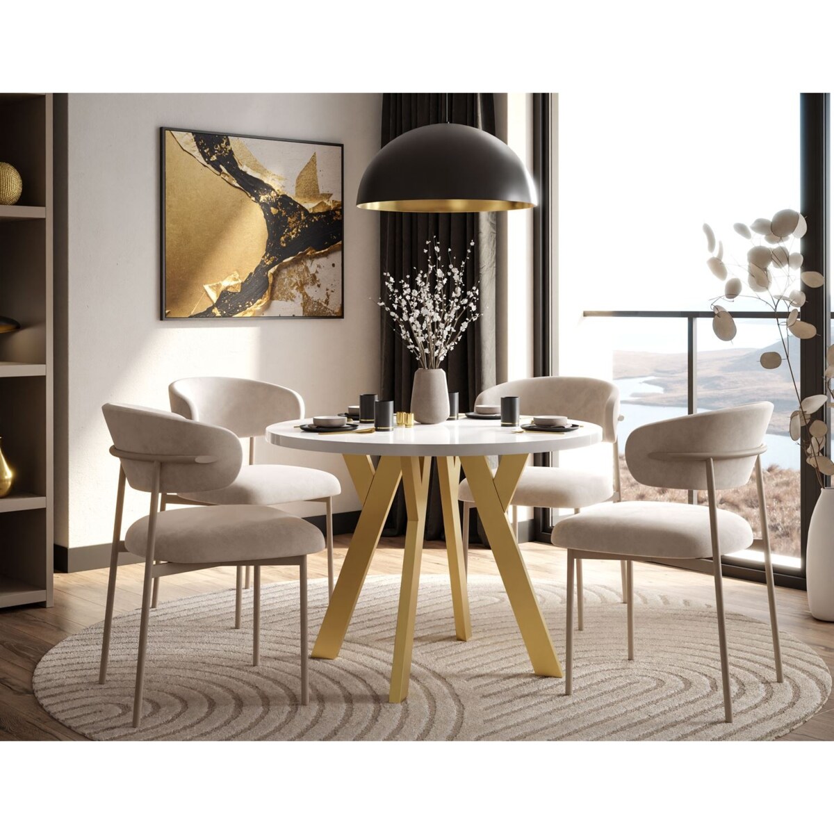Okrągły stół rozkładany VOLTA GLOSS, nogi złote, blat biały