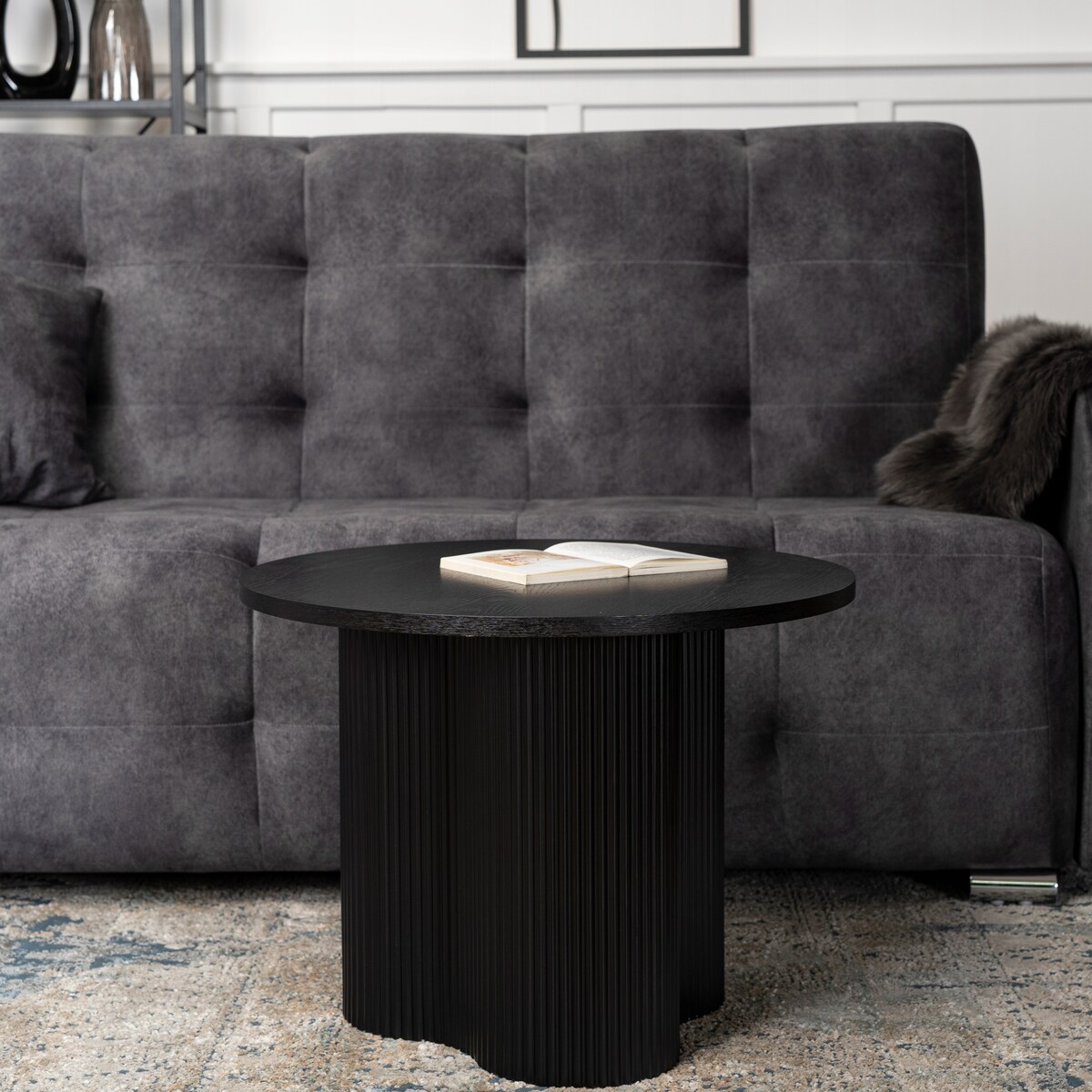 Stolik Kawowy Okrągły Mały Czarny Ryflowany Loft Nowoczesny Ława DERIAN