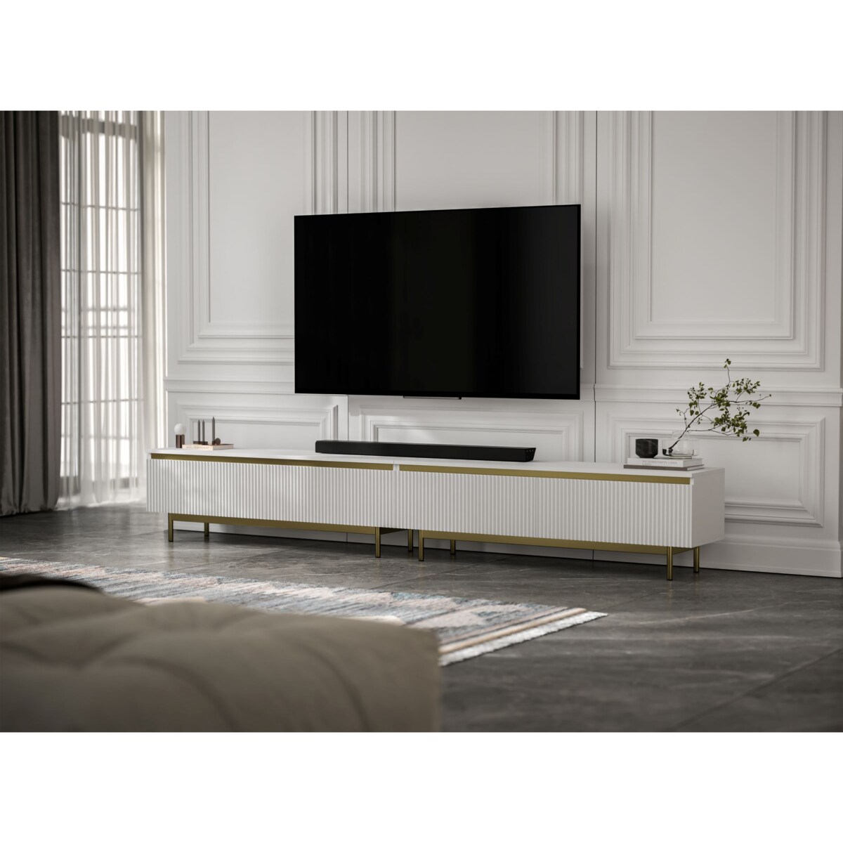 Nowoczesna Szafka RTV Glamour Komoda RTV Biały Mat 280 cm złote akcenty