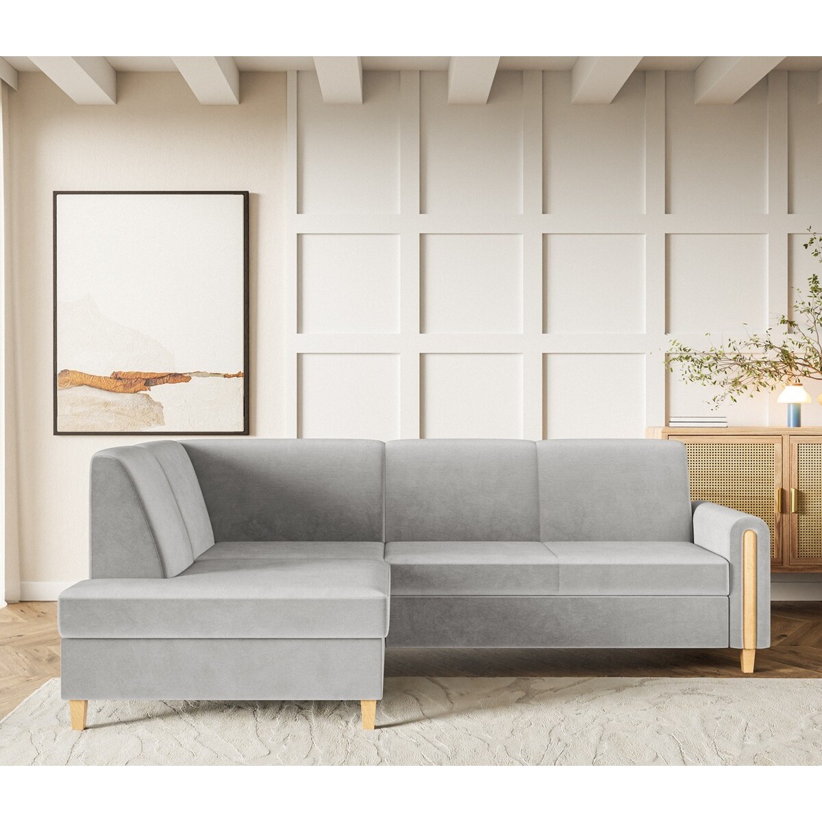 Rozkładany narożnik FLORA w tkaninie Amon hydrofobowej, lewostronny- szary