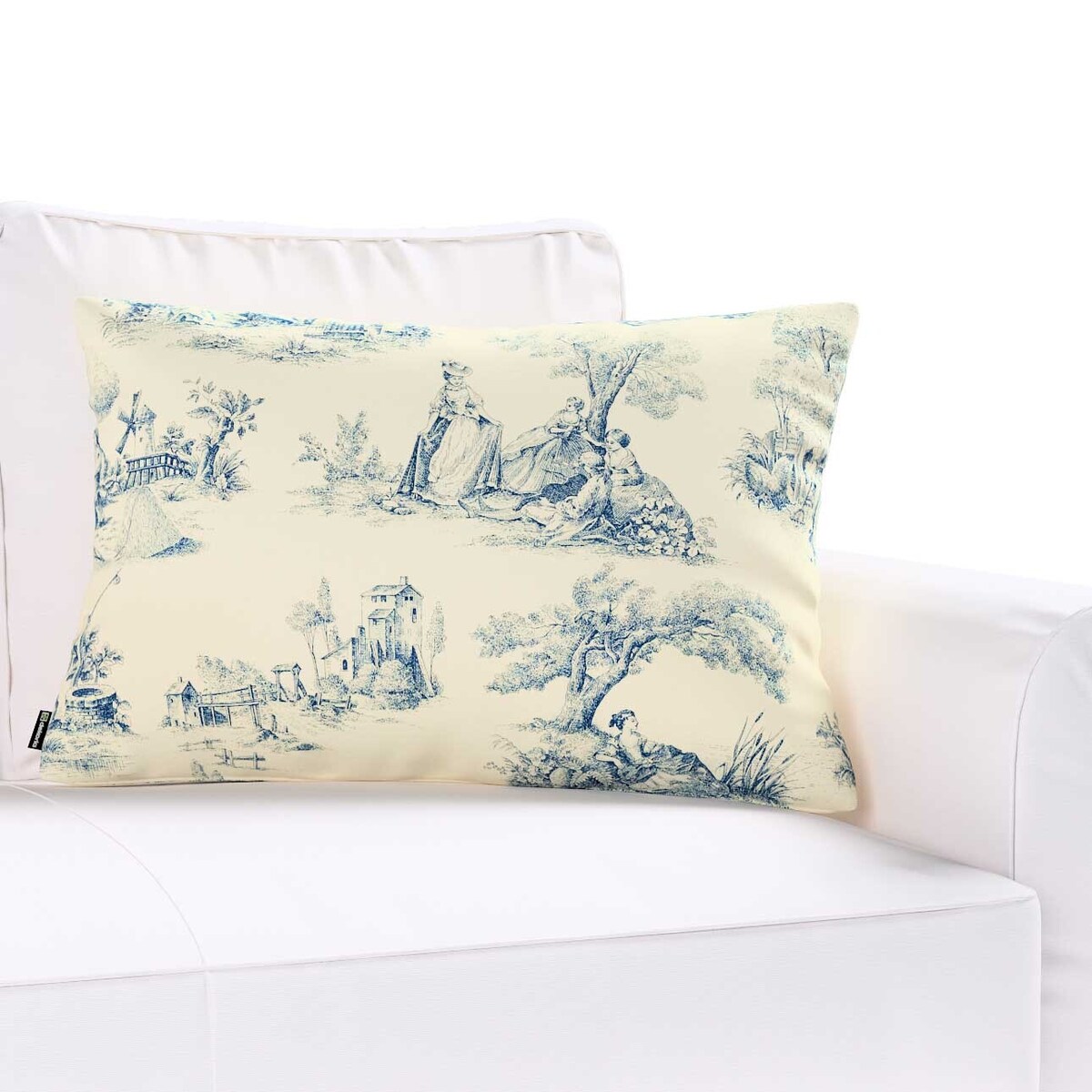 Poszewka Kinga na poduszkę prostokątną 47x28 scenki rodzajowe w kolorze niebieskim na tle ecru