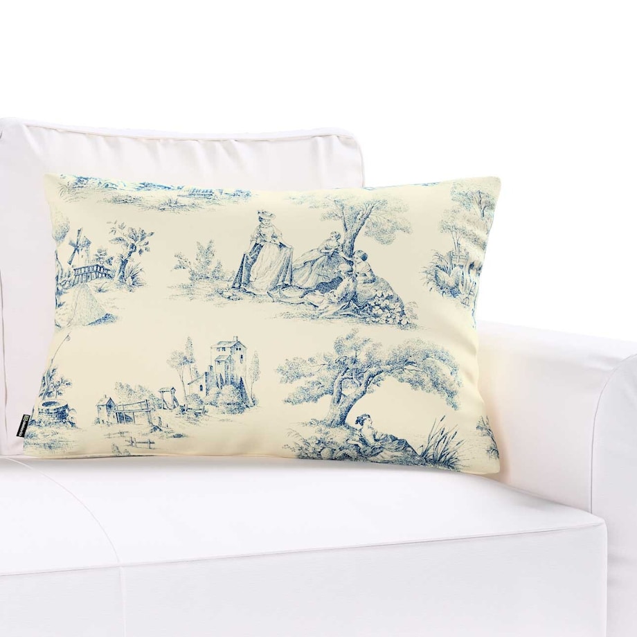Poszewka Kinga na poduszkę prostokątną 47x28 scenki rodzajowe w kolorze niebieskim na tle ecru