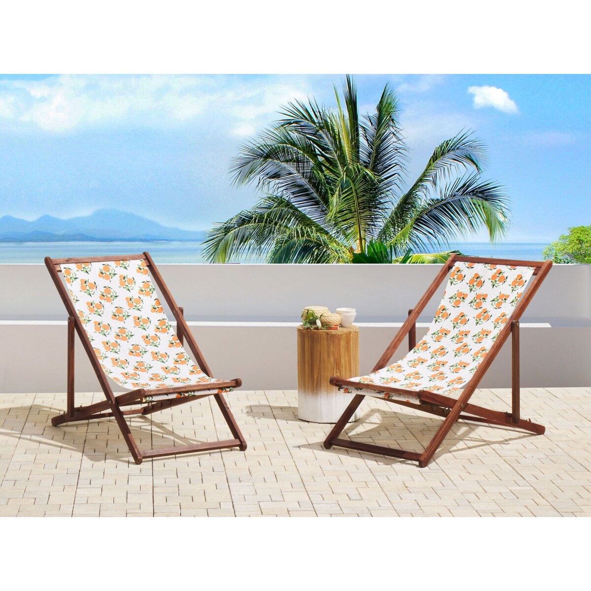 Zestaw 2 leżaków ogrodowych ciemne drewno akacjowe wzór w pomarańcze ANZIO