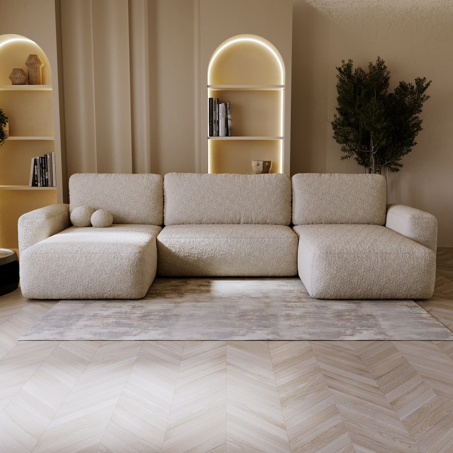 Narożnik U ILO z pojemnikiem na pościel i funkcja spania, jasno-beżowy