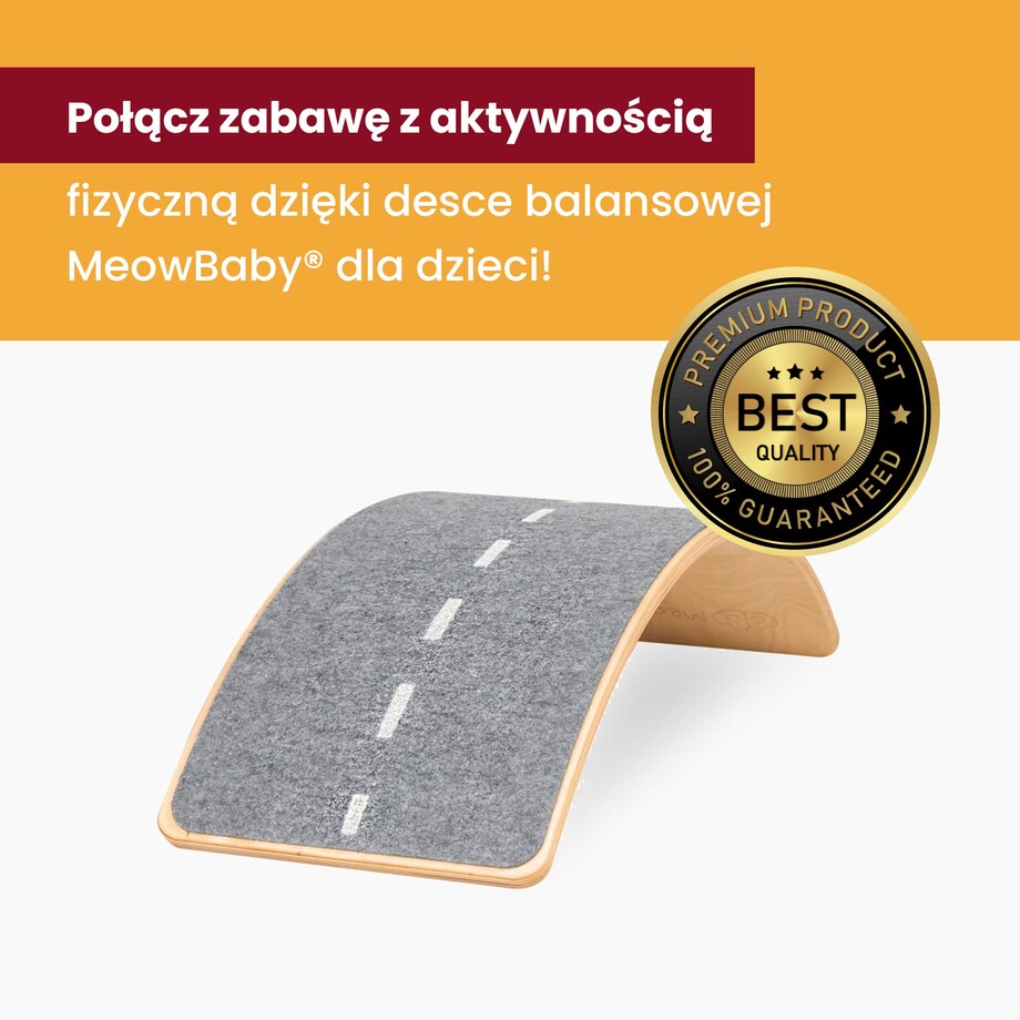 MeowBaby® Deska do Balansowania z filcem 80x30cm dla dzieci. Drewniany szary Balance Board, Filc szary