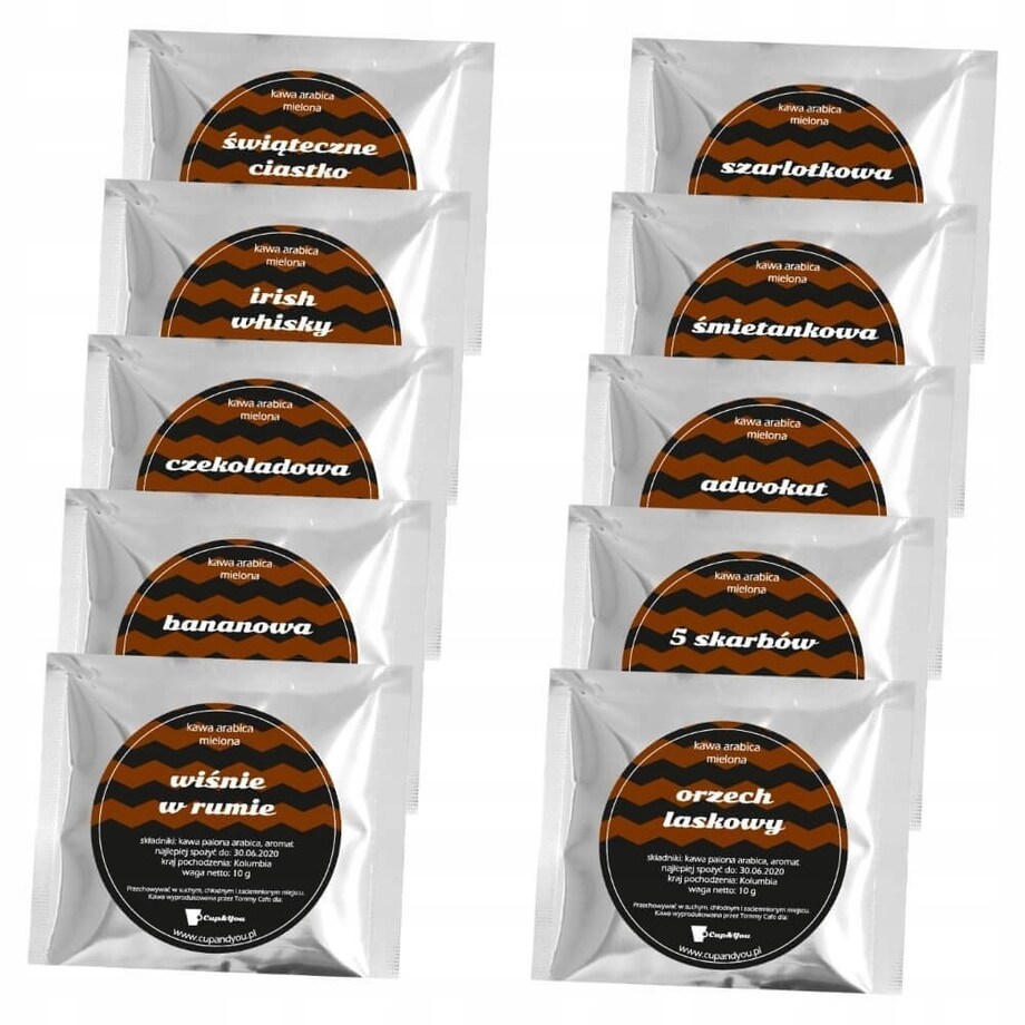 ŚWIĄTECZNY ZESTAW PREZENTOWY KAWY SMAKOWE MIELONE MIX 10 RÓŻNYCH SMAKÓW + KUBEK - PREZENT UPOMINEK NA MIKOŁAJA ŚWIĘTA GWIAZDKĘ BOŻE NARODZENIE POD CHOINKĘ DLA KOBIETY FACETA