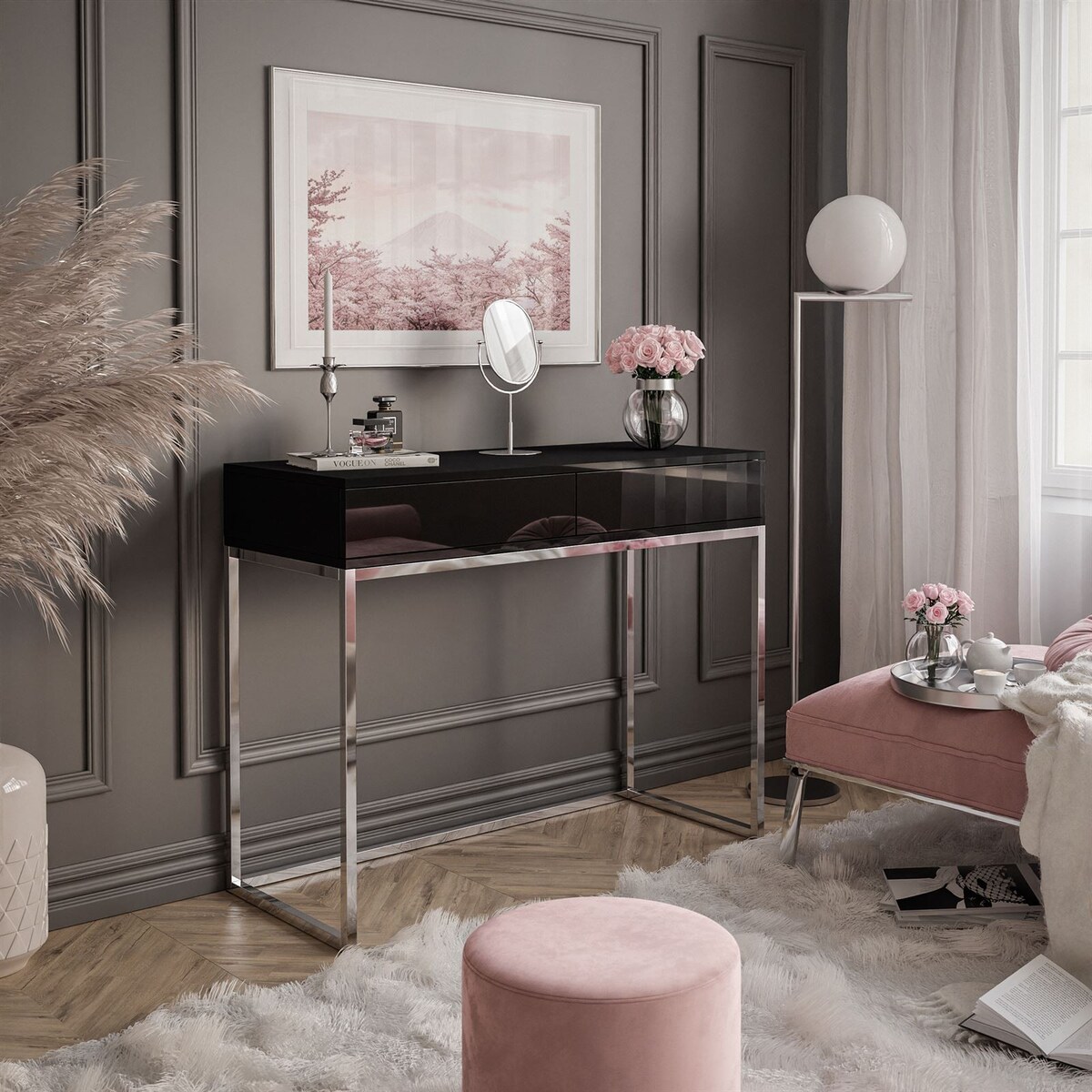 BLANCO GLAMOUR II konsola 100x42x81 cm czarny wysoki połysk z chromowanymi nogami