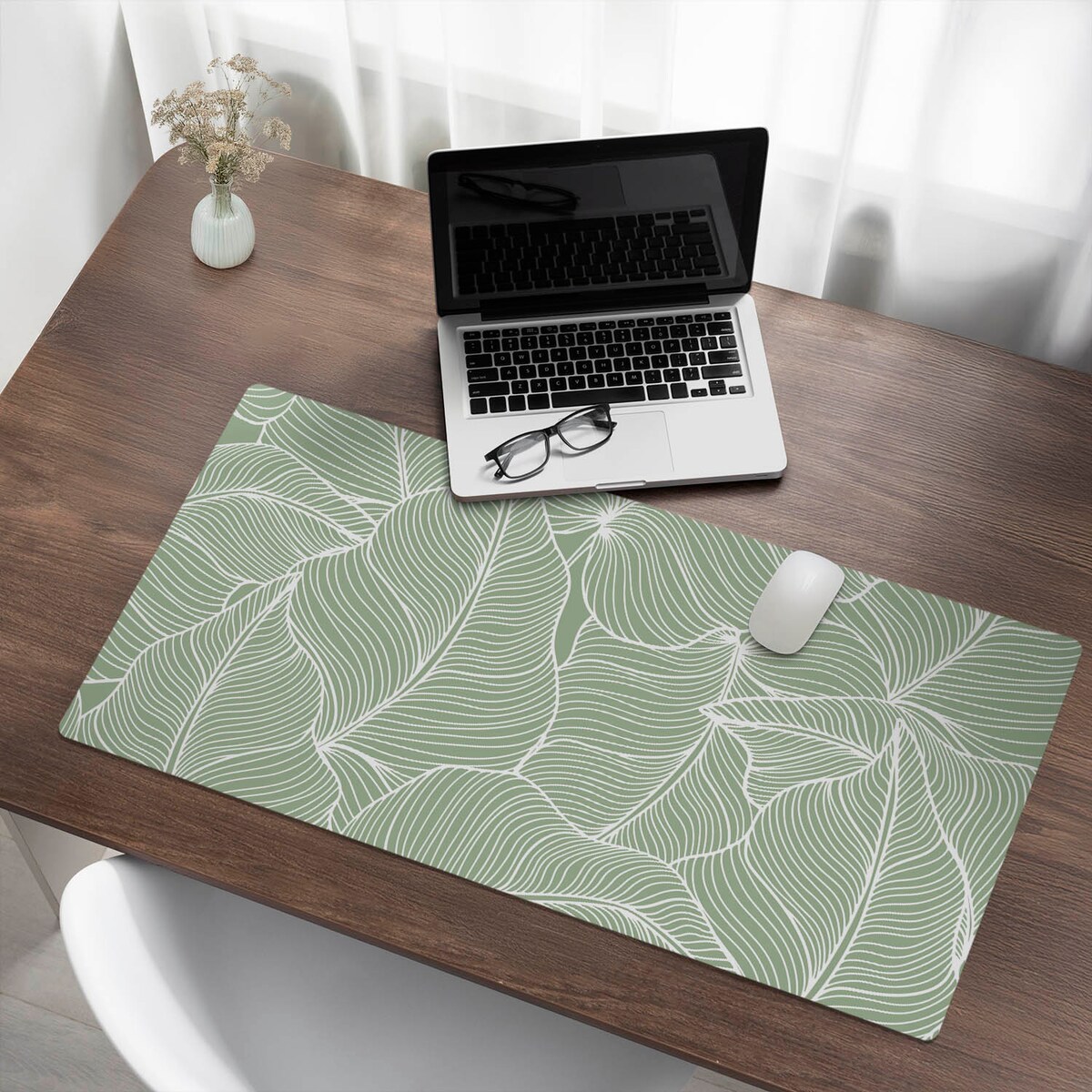 Zielona mata na biurko Liście z liniami, 100x50 cm