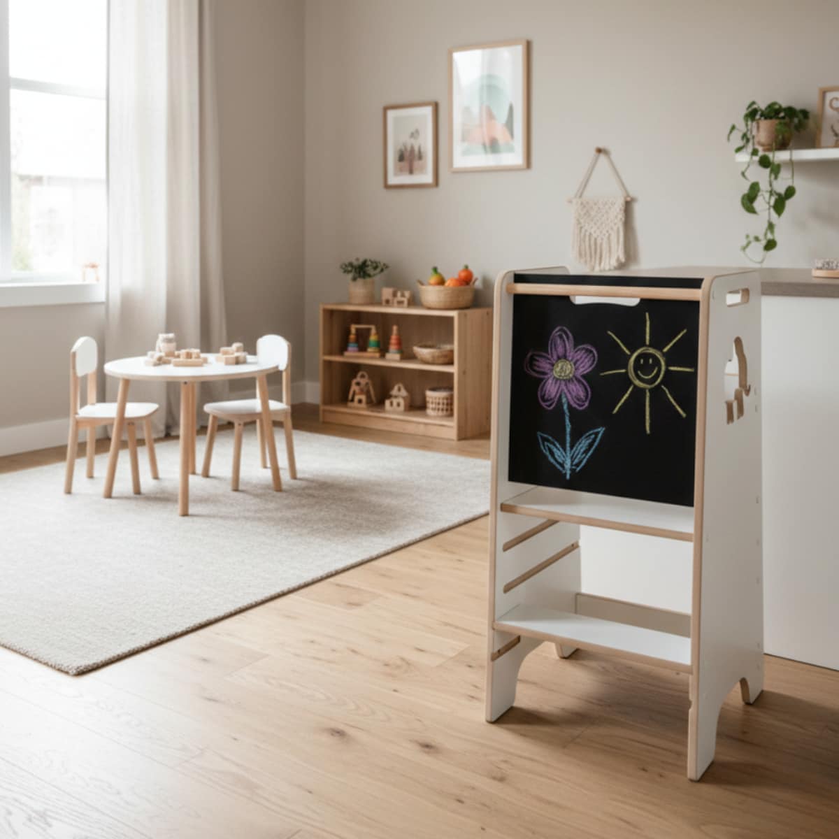Pomocnik kuchenny solidny dla dzieci biały helper z tablicą regulowany MDF drewno Verk.design