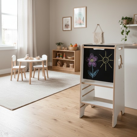 Pomocnik kuchenny solidny dla dzieci biały helper z tablicą regulowany MDF drewno Verk.design