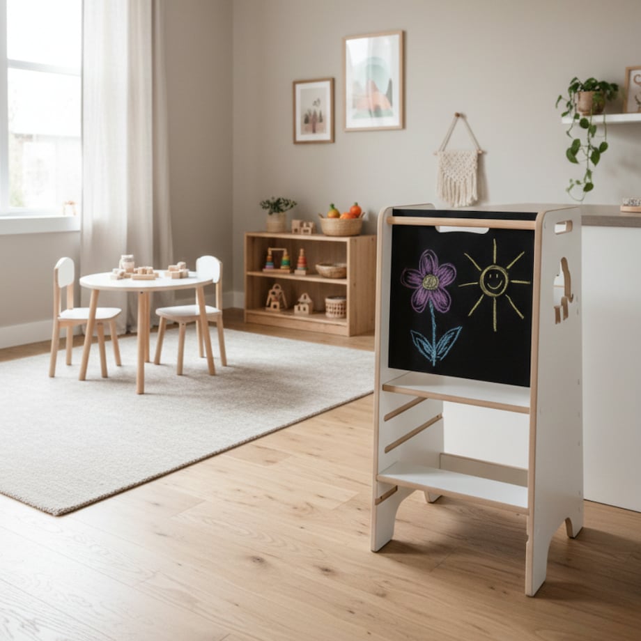 Pomocnik kuchenny solidny dla dzieci biały helper z tablicą regulowany MDF drewno Verk.design