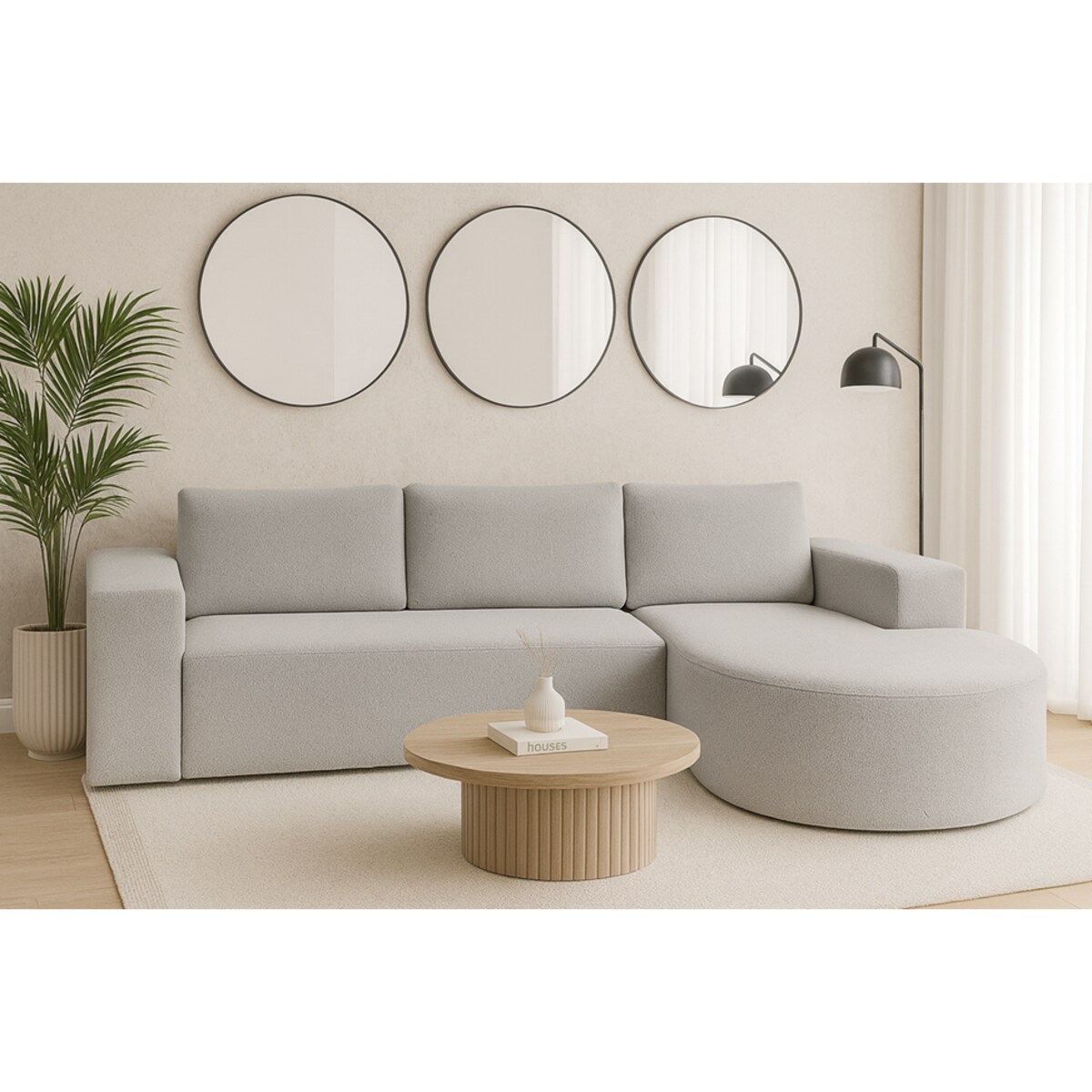 Narożnik Vello z funkcją spania do salonu,prawostronny-tkanina boucle-szary