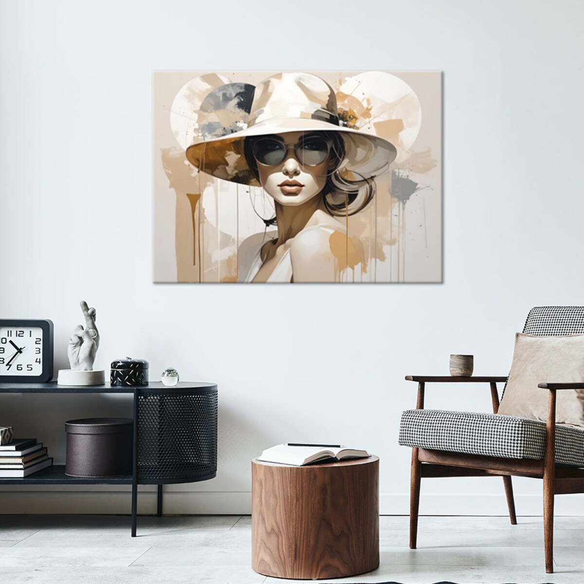 Obraz do salonu sypialni kuchni biura loftu, Kobieta w kapeluszu w beżu styl boho 100x70cm