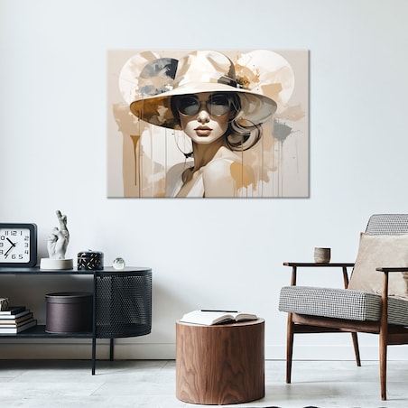 Obraz do salonu sypialni kuchni biura loftu, Kobieta w kapeluszu w beżu styl boho 100x70cm