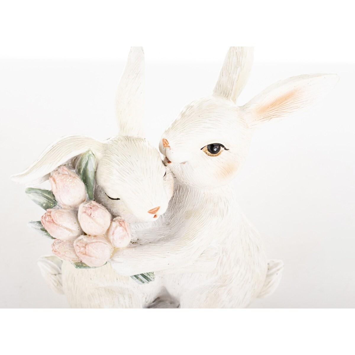 Dekoracja - para króliczków 11x11x6 cm z różowymi tulipanami