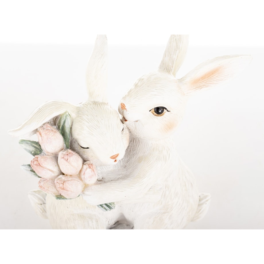 Dekoracja - para króliczków 11x11x6 cm z różowymi tulipanami