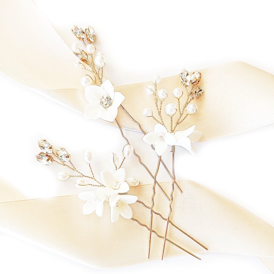 KOMPLET spinek do włosów z kwiatami kokówki szpilki złote z perłami BOHO