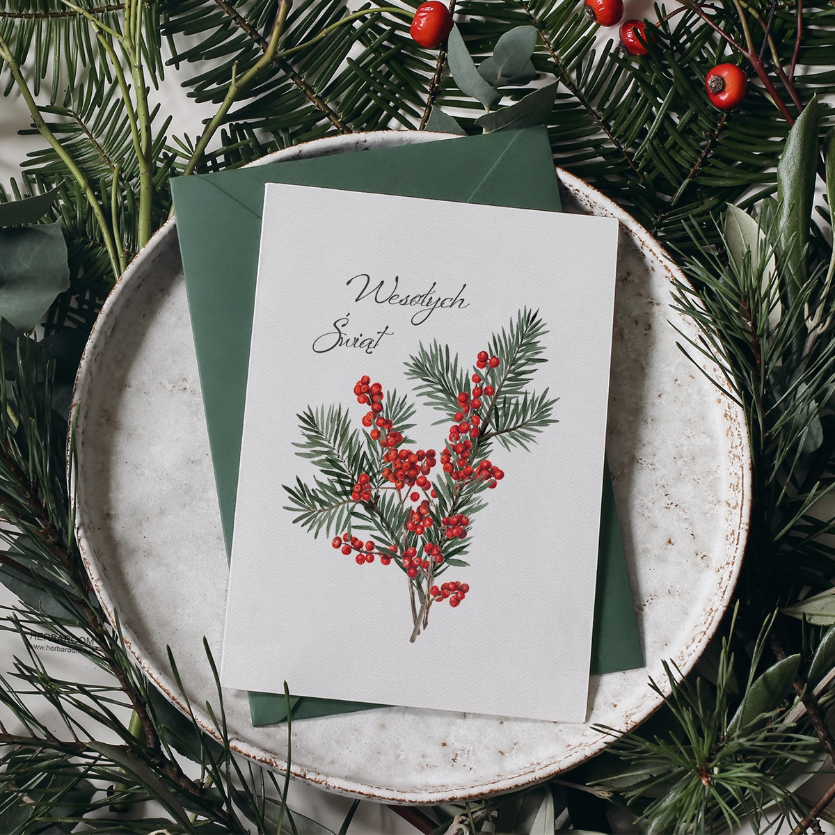 Zestaw Trzech Kartek Świątecznych Sosna z Ostrokrzewem 12x17