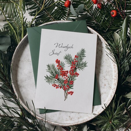 Zestaw Trzech Kartek Świątecznych Sosna z Ostrokrzewem 12x17