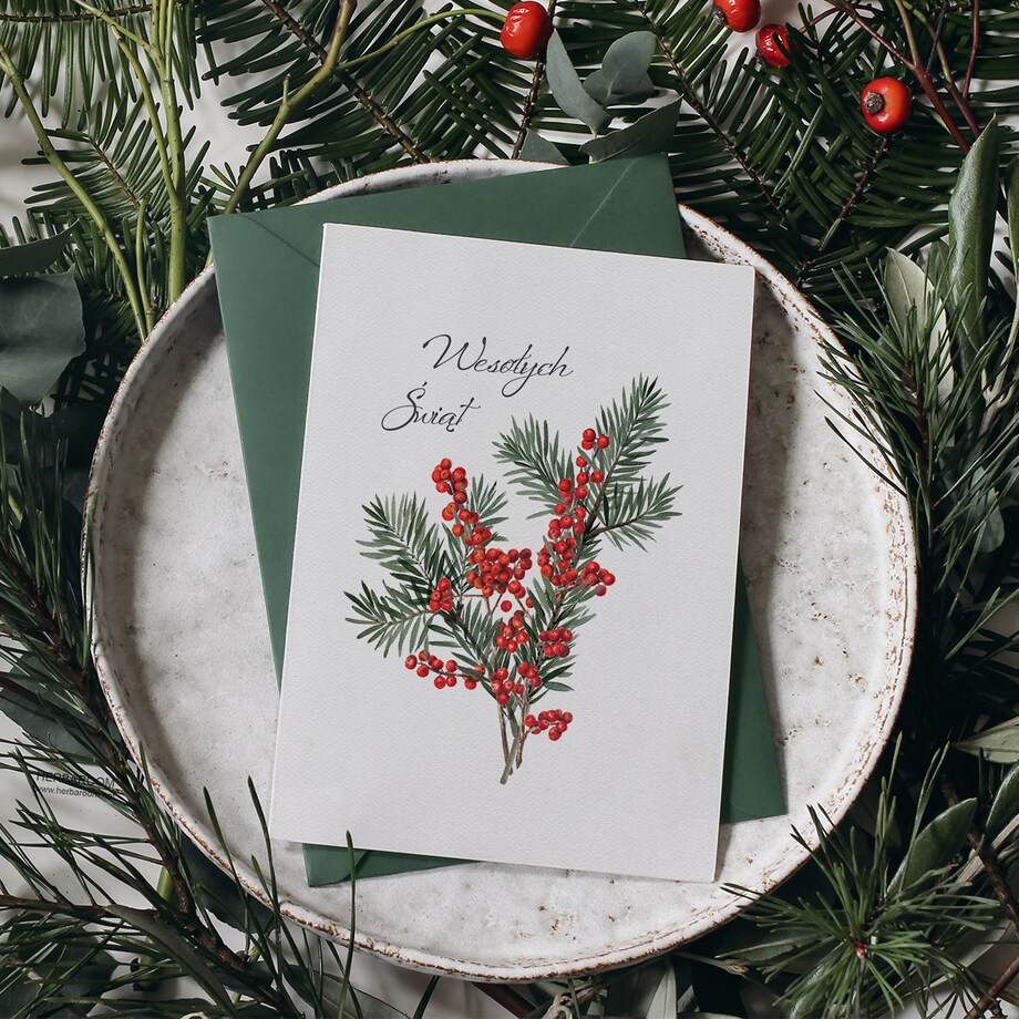 Zestaw Trzech Kartek Świątecznych Sosna z Ostrokrzewem 12x17