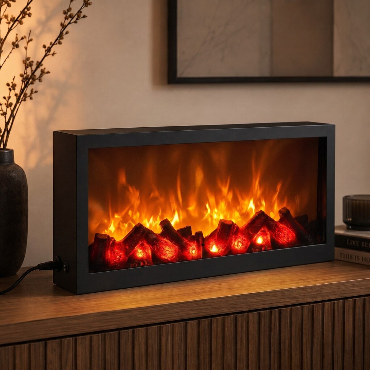 Kominek dekoracyjny LED, metalowy, 10 x 57 x 25 cm, kolor czarny
