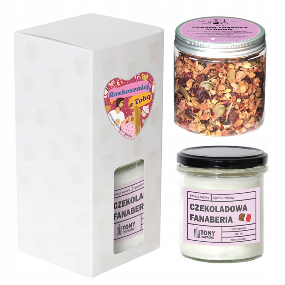 Zestaw prezentowy upominkowy "ROZKOSZNIEJ Z TOBĄ" herbata owocowa + świeca sojowa - prezent upominek na walentynki dla chłopaka dziewczyny niej niego żony męża kobiety faceta mężczyzny