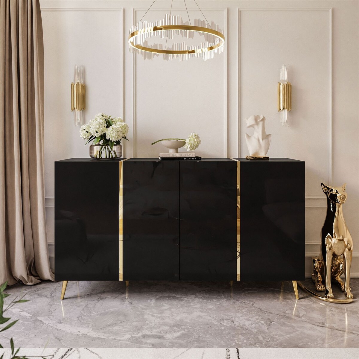 Komoda ONYX 4D 158 cm na złotych nóżkach, czarna, push-to-open