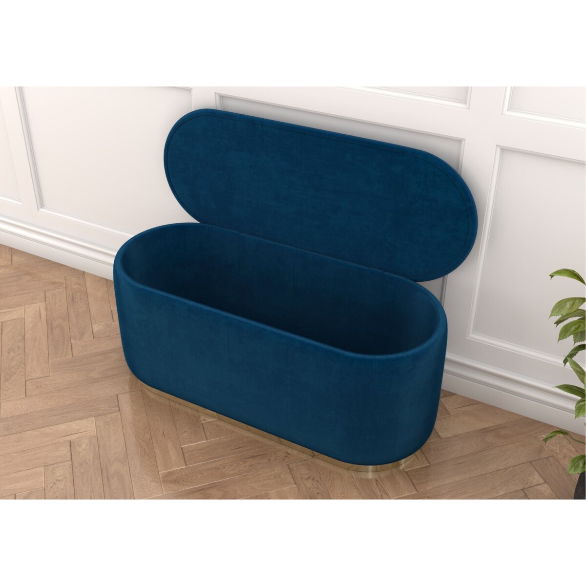 Tapicerowany owalny puf ze schowkiem Dancan SCARLETT na złotej podstawie / szer. 110 cm / granatowy