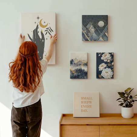 Zestaw 5 obrazów na płótnie - Styl boho z naturą i przesłaniami - granatowy