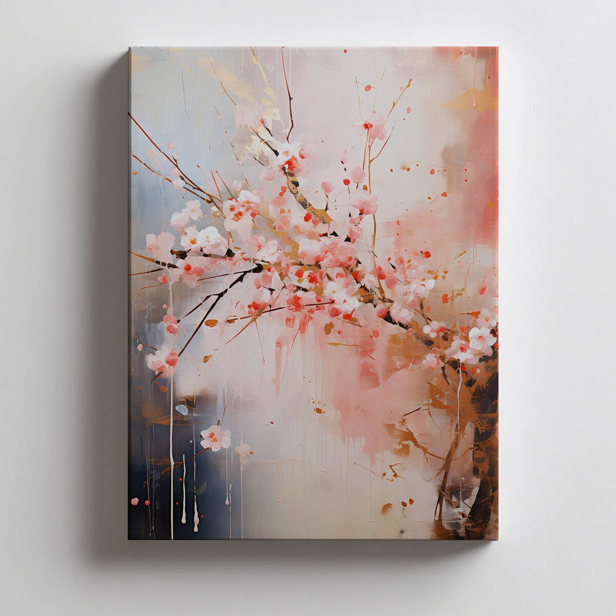 Kwitnąca Wiśnia: Symfonia Różu i Złota, 40x50 cm, bez ramy, płótno premium na blejtramie