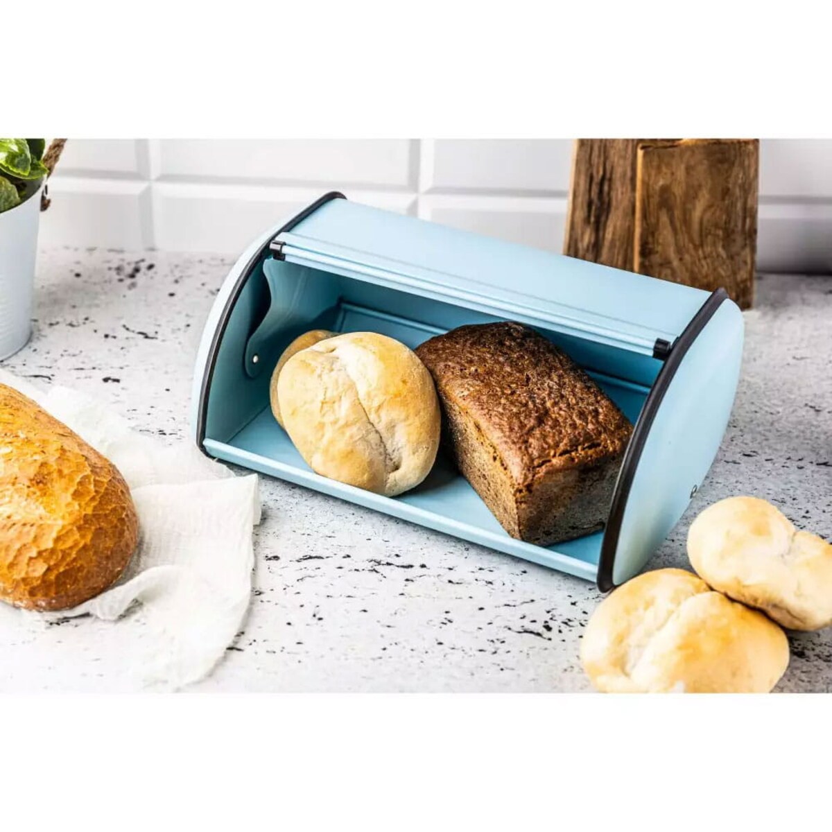 Chlebak stalowy mały 36cm niebieski matowy pojemnik na chleb pieczywo bułki KINGHOFF