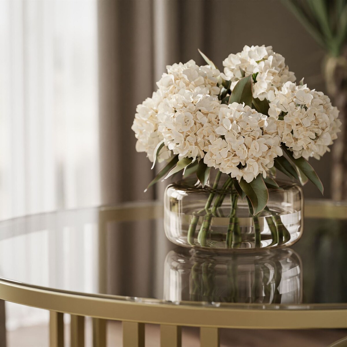 Okrągły stolik kawowy 2w1 LORI GLASS złoto szczotkowane, blat przezroczyste szkło