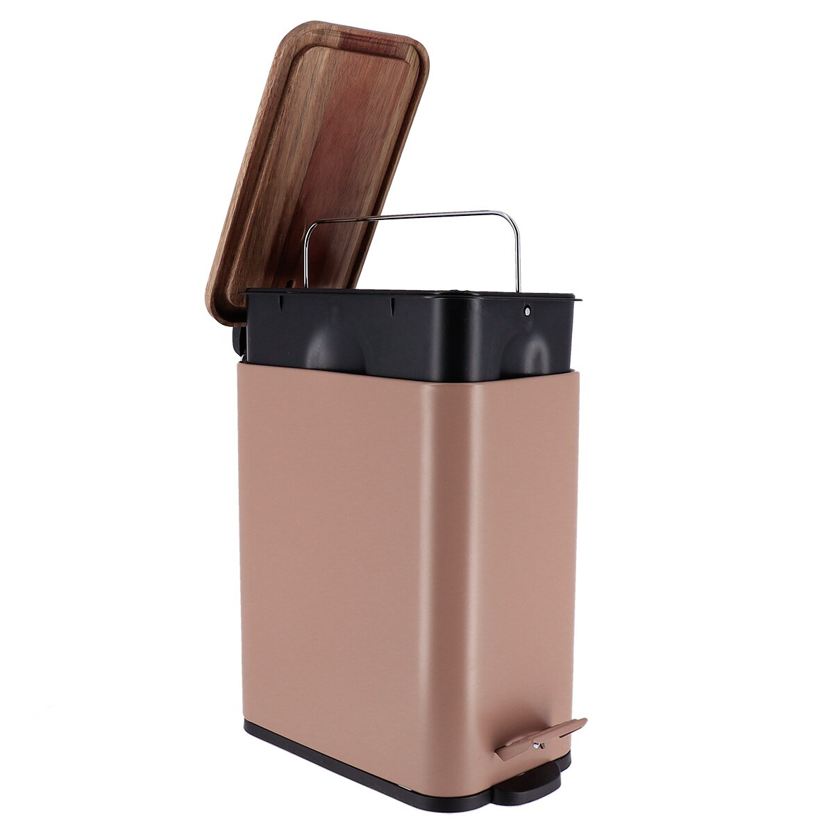 Wąski kosz do śmieci do łazienki MONO z drewnianą pokrywą, 5 l