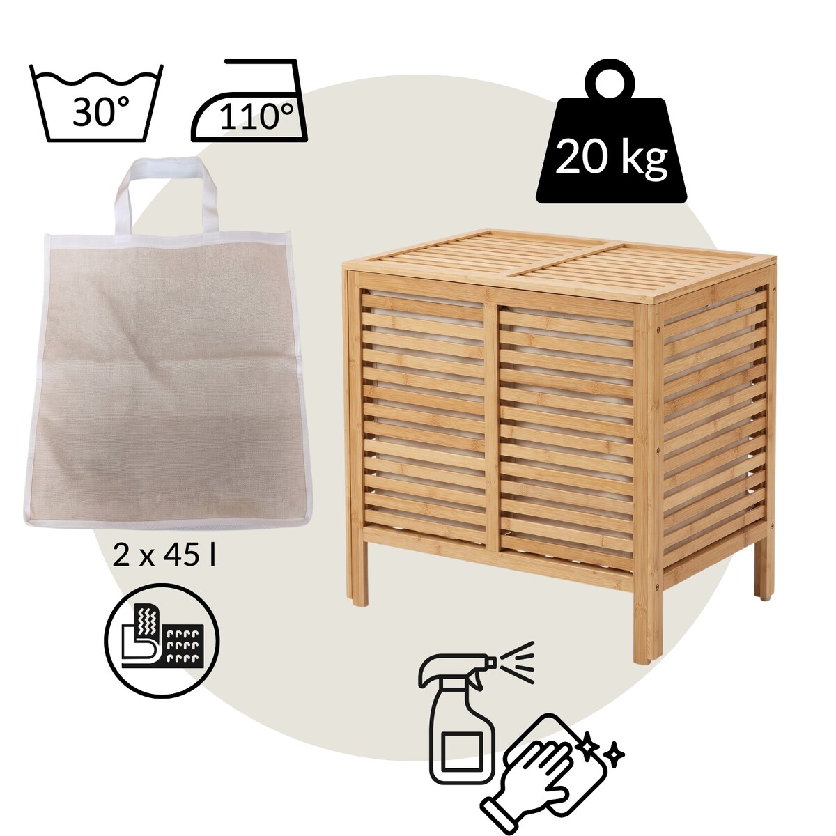 Podwójny kosz na pranie, bambusowy MOA, 90 l, kolor beżowy